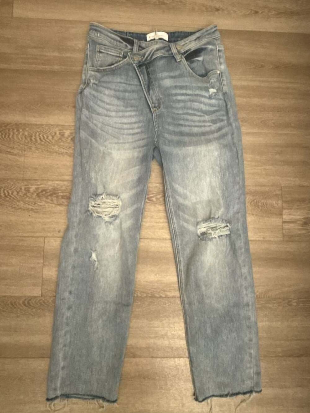 Risen Jeans Women's High Rise Criss-Cross Waist Distressed  Straight Leg Jeans
